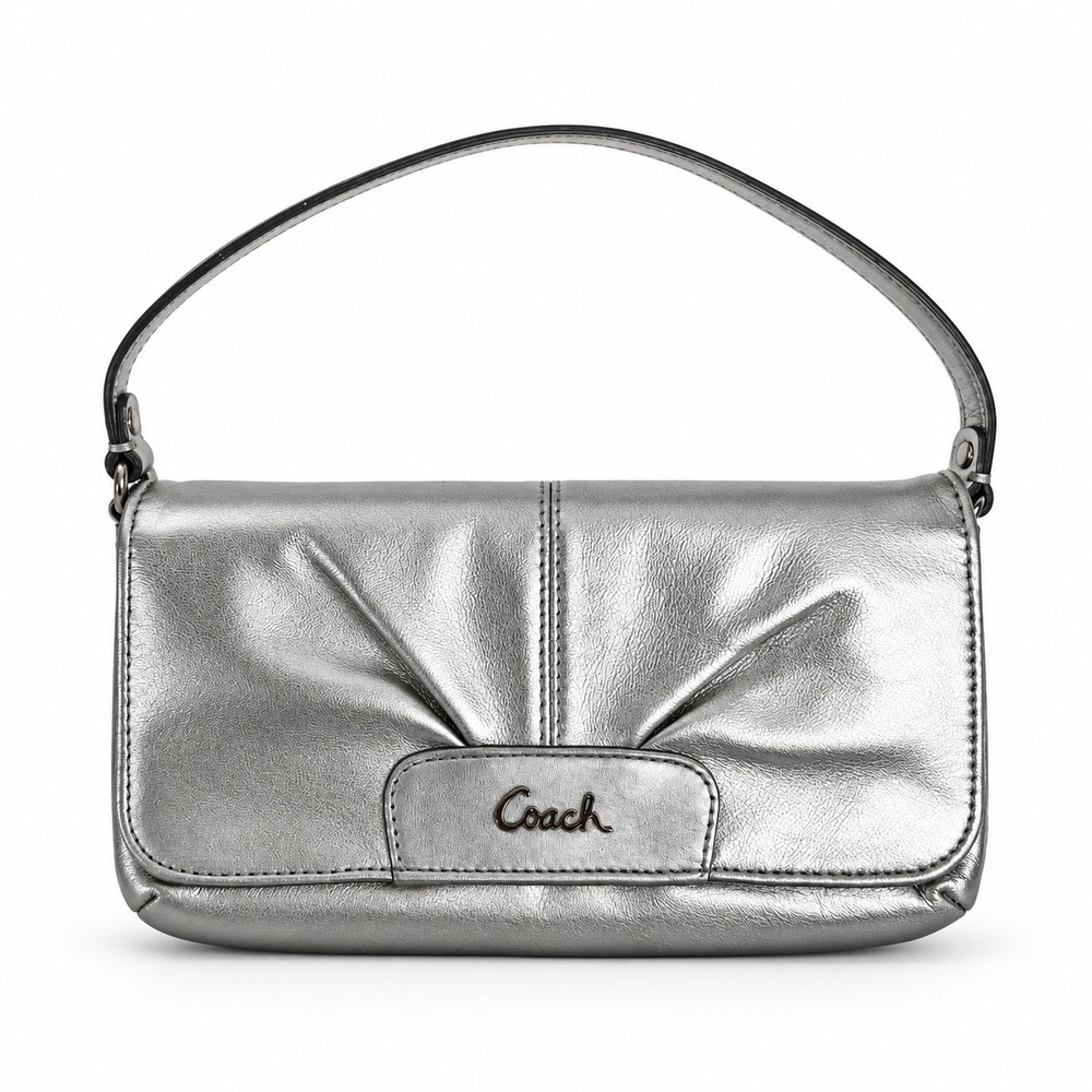 Coach Small Ashley Baguette Clutch Metallic Silver Leather Pleated Logo Y2K